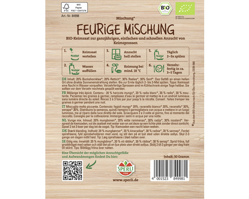 Emballage de graines germées Mélange feurige de Sperli avec instructions pour la culture de graines germées