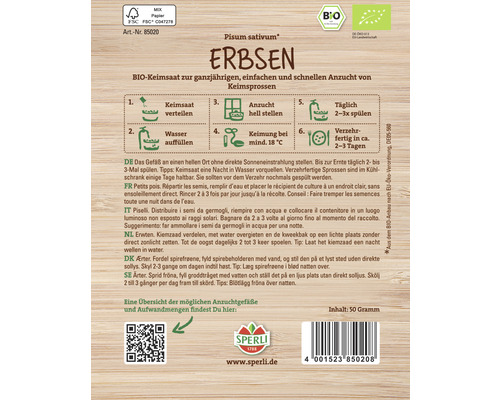 Paquet de graines de pois avec instructions de culture