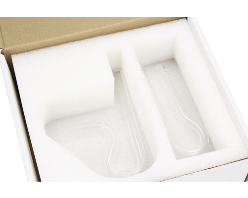 Deux tubes en verre dans un emballage en carton avec rembourrage en mousse