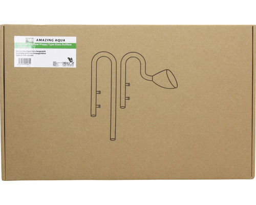 Emballage d''un article en verre pour aquarium avec entrée en V et sortie coquelicot.