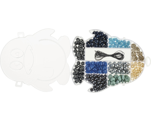 Kit de perles dans une boîte de rangement en forme de poisson avec diverses perles et cordons