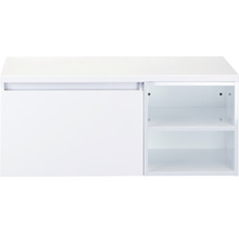 Weißer Badschrank mit Schiebetür und Regalen