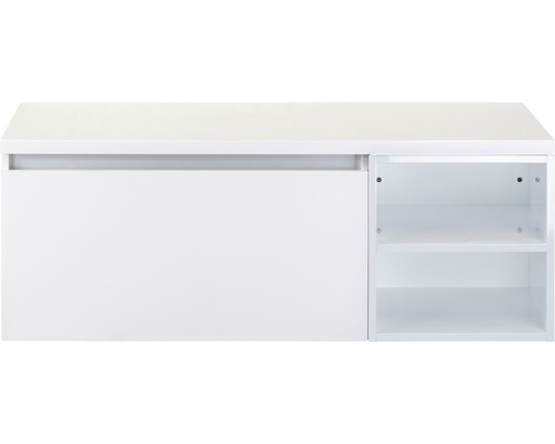 Waschtischunterschrank Sanox Frozen BxHxT 120 x 43 cm x 45 cm Frontfarbe weiß hochglanz mit Waschtischplatte und Regal Weißer Schuhschrank mit Schiebetür und Regalen