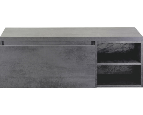 Meuble sous-vasque Sanox Frozen lxhxp 120 x 43 cm x 45 cm couleur de façade béton anthracite avec plan de toilette et étagère Meuble sous-lavabo gris avec tiroir et étagères