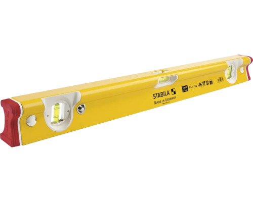 Gelbe Wasserwaage mit drei Libellen zur horizontalen und vertikalen Ausrichtung