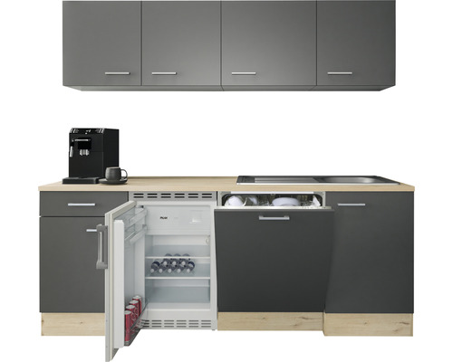Moderne Küche mit Geräten und grauen Schränken