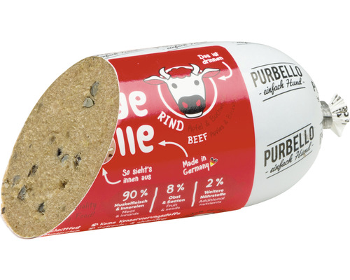 Saucisse pour chien PurBello au bœuf avec pomme et sarrasin en coupe