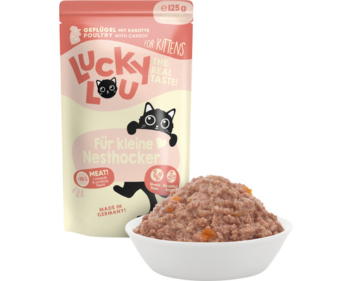 Lucky Lou nourriture pour chatons volaille et carotte en sachet et bol