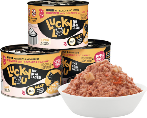 Aliment pour chat Lucky Lou poulet, noix de coco et baie de goji en boîtes et en bol