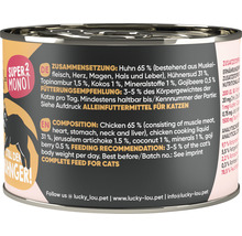 Boîte de nourriture pour chats avec les mentions Composition, Recommandation d''alimentation et Aliment complet pour chats