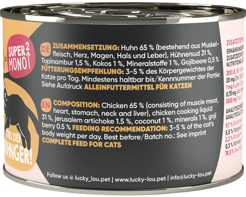 Boîte de nourriture pour chats avec les mentions Composition, Recommandation d''alimentation et Aliment complet pour chats