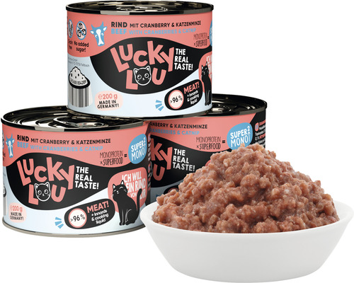 Aliment pour chat Lucky Lou au boeuf, canneberges et cataire en conserve