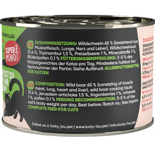 Lucky Lou Super Mono 2 Nourriture pour chats au sanglier, composition et recommandation d''alimentation imprimées
