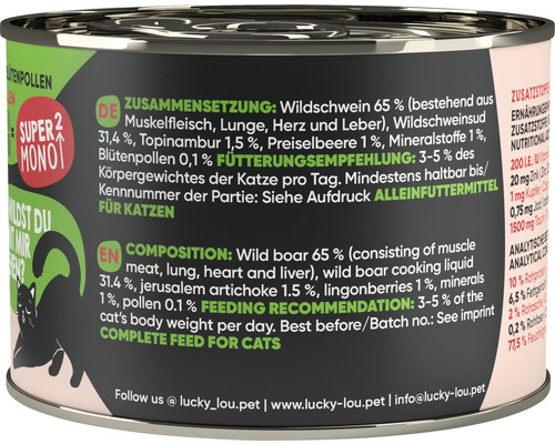 Lucky Lou Super Mono 2 Nourriture pour chats au sanglier, composition et recommandation d''alimentation imprimées