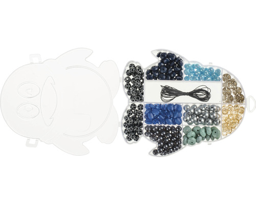 Set de perles dans une boîte en forme de poisson avec diverses perles et ficelles