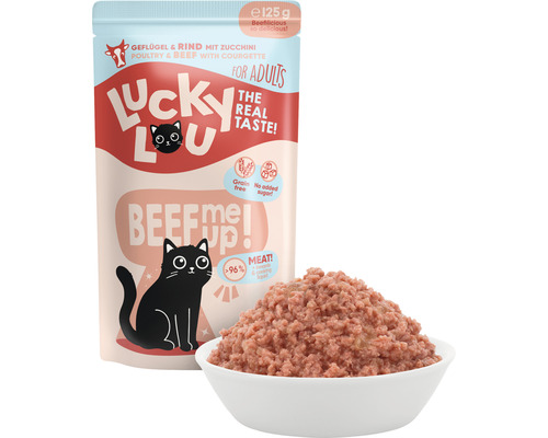Aliments pour chats Lucky Lou volaille et bœuf avec courgette en paquet de 125 grammes