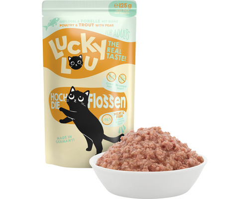 Lucky Lou, nourriture pour chats, volaille et truite avec poire pour chats adultes