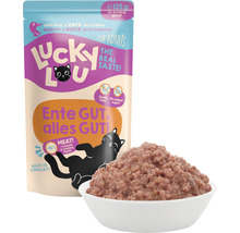 Aliment pour chat Lucky Lou volaille et canard à la courge en sachet et dans une gamelle