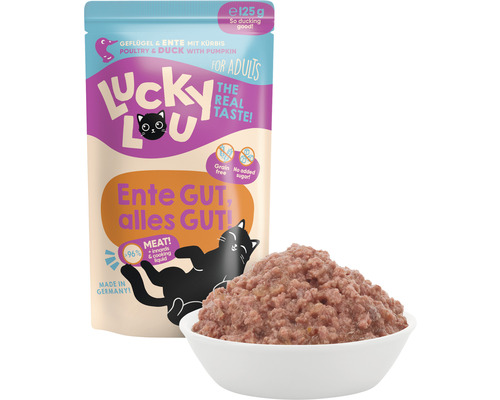 Aliment pour chat Lucky Lou volaille et canard à la courge en sachet et dans une gamelle