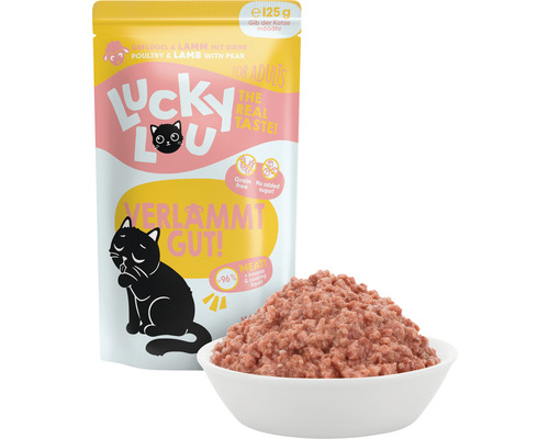 Lucky Lou nourriture pour chat volaille et agneau à la poire en sachet avec bol