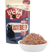Lucky Lou Senior Alimentation humide avec volaille et bœuf, carotte et courge dans un bol