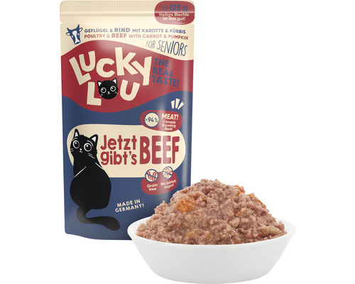 Lucky Lou Senior Alimentation humide avec volaille et bœuf, carotte et courge dans un bol