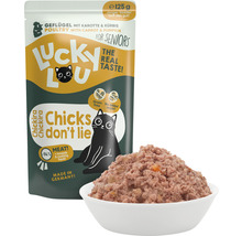 Aliments pour chats Lucky Lou pour seniors à la volaille, aux carottes et au potiron, en emballage de 125 grammes et un bol de nourriture