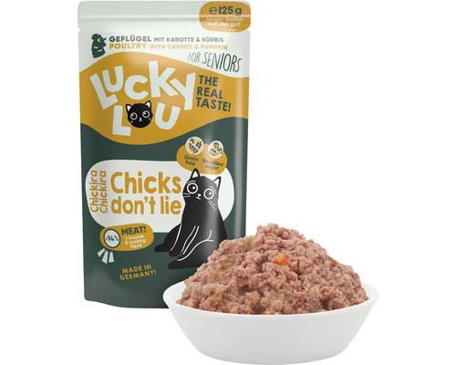 Aliments pour chats Lucky Lou pour seniors à la volaille, aux carottes et au potiron, en emballage de 125 grammes et un bol de nourriture