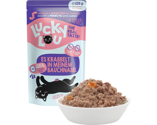 Lucky Lou nourriture pour chat volaille et insectes à la carotte