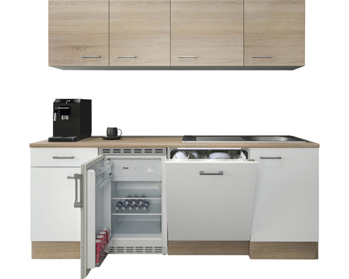 Küchenzeile mit Hängeschränken, Kühlschrank und Geschirrspüler