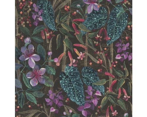 Vliestapete 538236 Curiosity floral grün lila Tapete mit Blumenmuster und Blättern