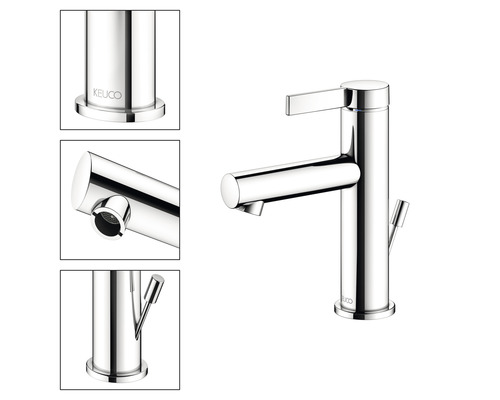 Robinet de lavabo en métal chromé avec levier et logo Keuco