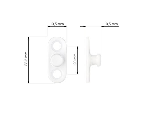 Fixation blanche avec dimensions de 33,5 mm de longueur, 13,5 mm de largeur, partie centrale de 20 mm et profondeur de 10,5 mm.