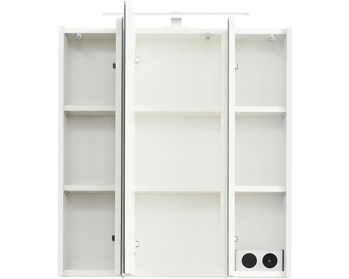 Armoire de toilette blanche avec portes ouvertes et étagères