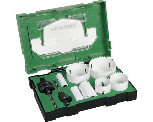 Kit de scie cloche HiKOKI 19 / 25 / 32 / 38 / 44 / 57 / 68 mm bi-métal 9 pces Jeu de scies cloches dans une boîte de rangement verte et noire