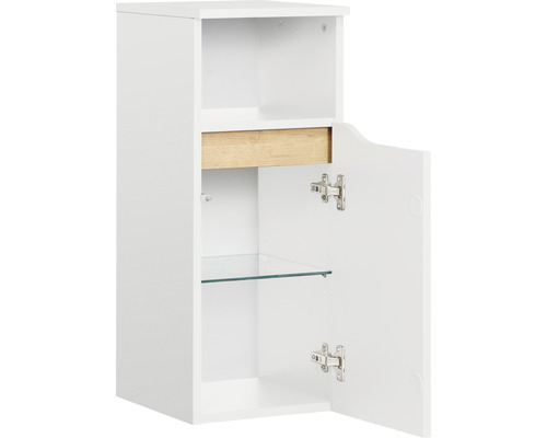 Armoire suspendue de salle de bain blanche avec porte ouverte, tiroir et étagère en verre