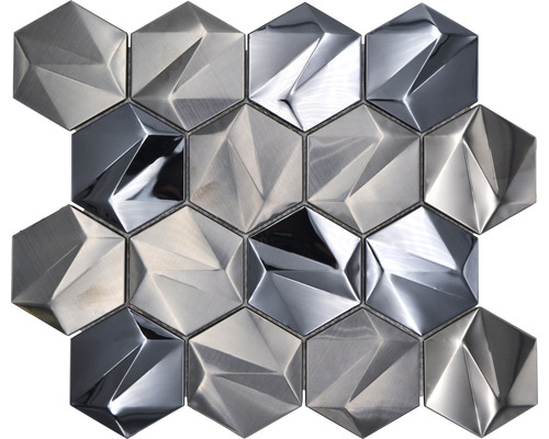 Mosaïque en métal HXM 60PL hexagone 3D acier tungstène brillant 25,7x29,7cm Mosaïque en métal HXM 60PL hexagone 3D acier tungstène brillant 25,7x29,7cm