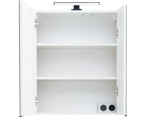 Armoire de toilette blanche ouverte avec éclairage et prise