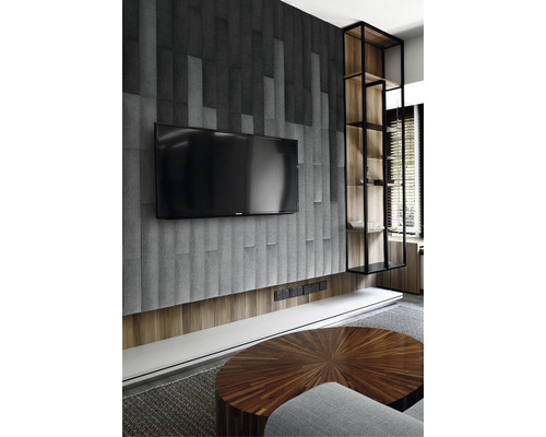 Wandkissen Kingston dunkelgrau Gewebte-Optik 15 x 30 cm Wohnzimmer mit Fernseher, Wandpaneelen, Regal und rundem Holztisch