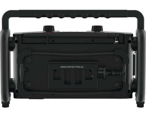 Vue arrière d''une radio de chantier avec poignée et éléments de commande