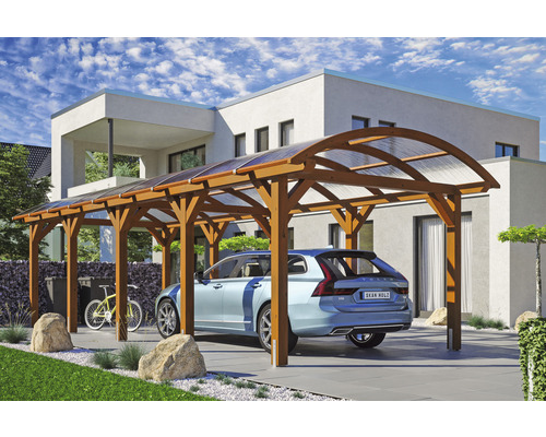 Carport Skanholz Franken avec ancrage pour poteaux 376 x 969 cm noyer