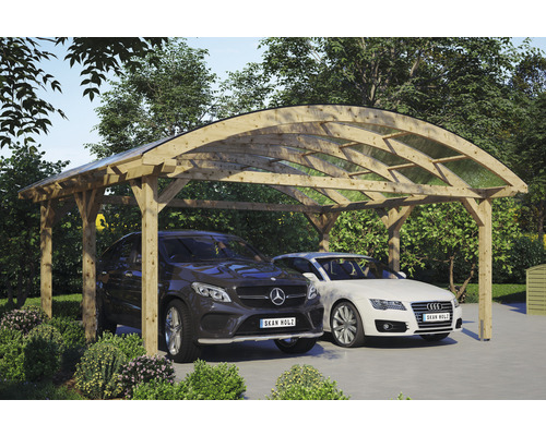 Double carport en bois avec deux voitures garées