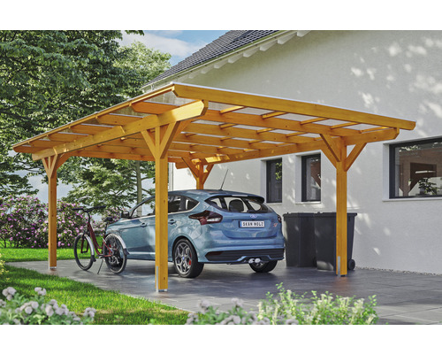 Carport Skanholz Odenwald avec ancrage pour poteaux 428 x 648 cm chêne clair