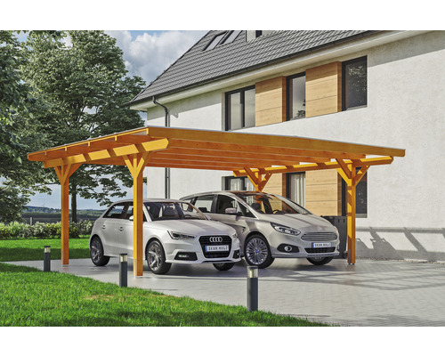 Carport double 2 voitures Skanholz Odenwald avec ancrage pour poteaux 640 x 541 cm chêne clair