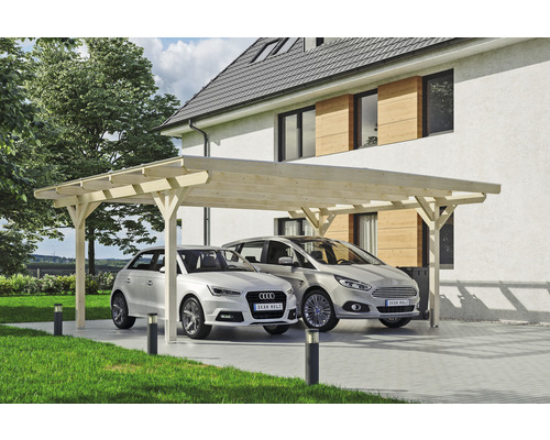 Carport double 2 voitures Skanholz Odenwald avec ancrage pour poteaux 640 x 541 cm bois