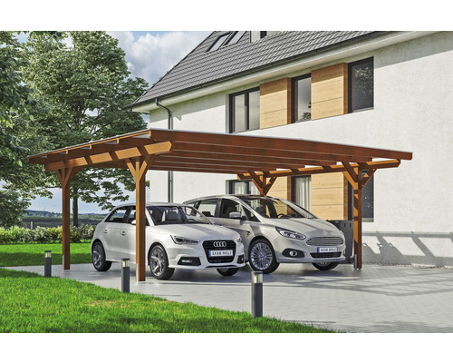 Carport double 2 voitures Skanholz Odenwald avec ancrage pour poteaux 640 x 541 cm noyer