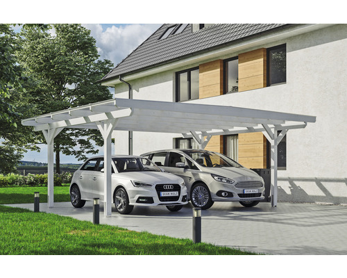 Carport double 2 voitures Skanholz Odenwald avec ancrage pour poteaux 640 x 541 cm blanc