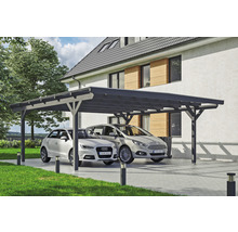 Doppelcarport aus Holz mit zwei geparkten Autos vor einem Haus