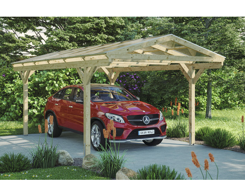 Carport en bois avec voiture sur une allée pavée