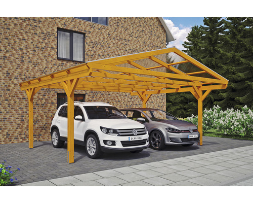 Carport double 2 voitures Skanholz Westerwald avec ancrage pour poteaux 570 x 541 cm chêne clair